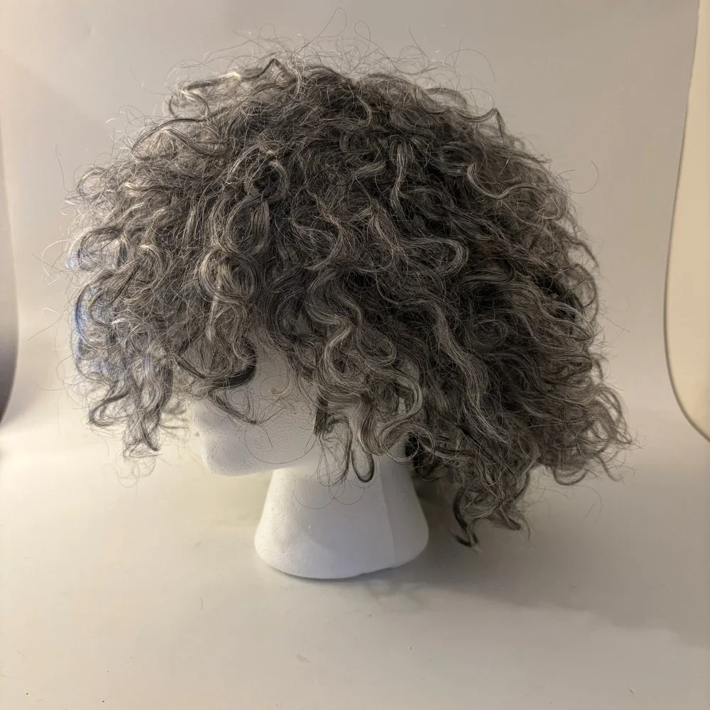 Cliclihair Curly Short Wig Womens OS Gray Salt and Pepper Real Human Hair NEW